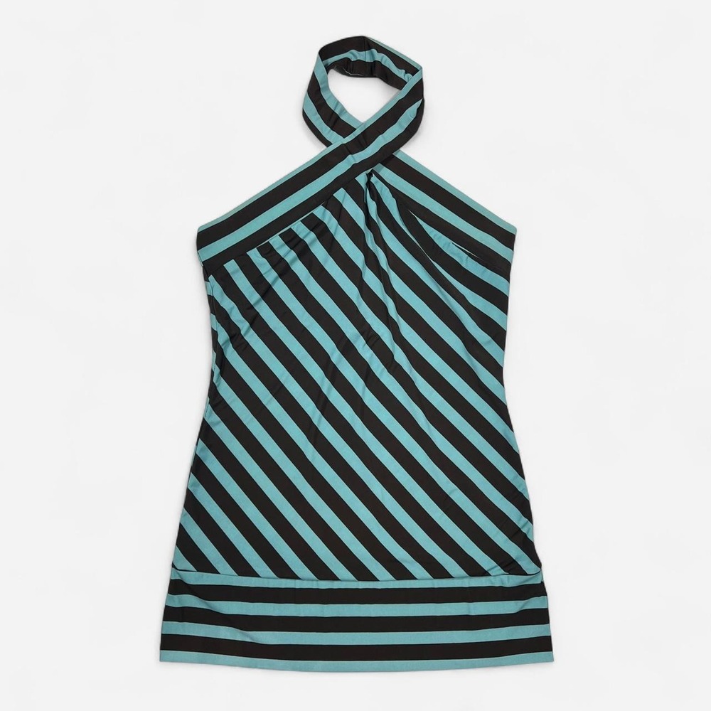 Y2K Vintage Takara Striped Teal and Brown Halter Top - Picture 2 of 6